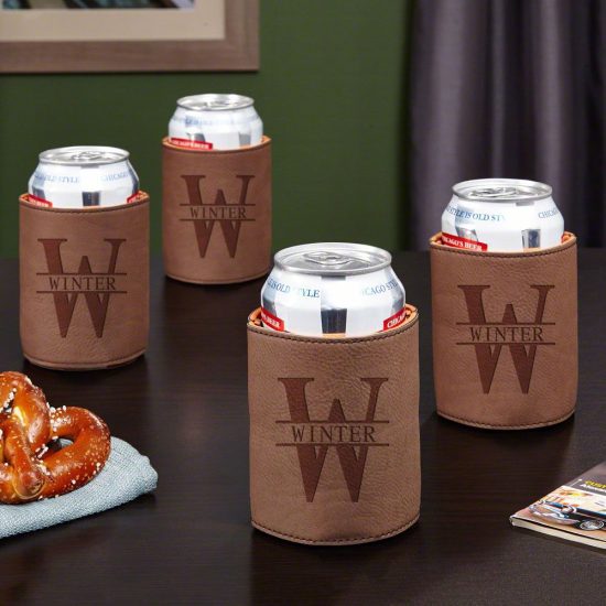 Leather-Wrapped Personalized Can Coolers