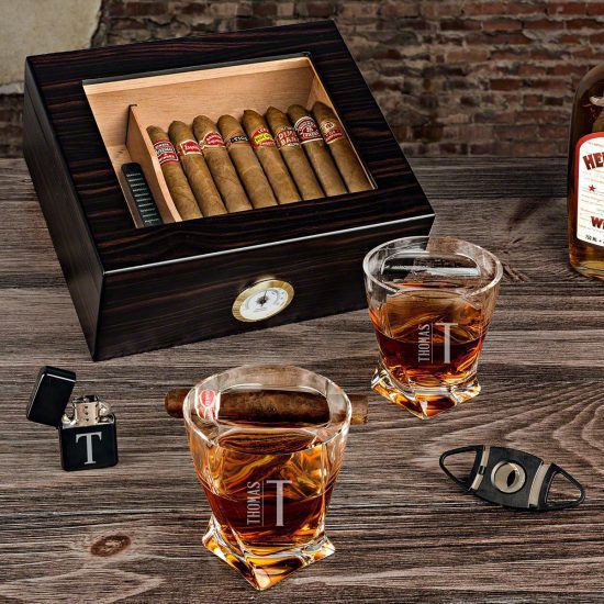 Cigar Humidor and Whiskey Set of Classy Gifts for Men