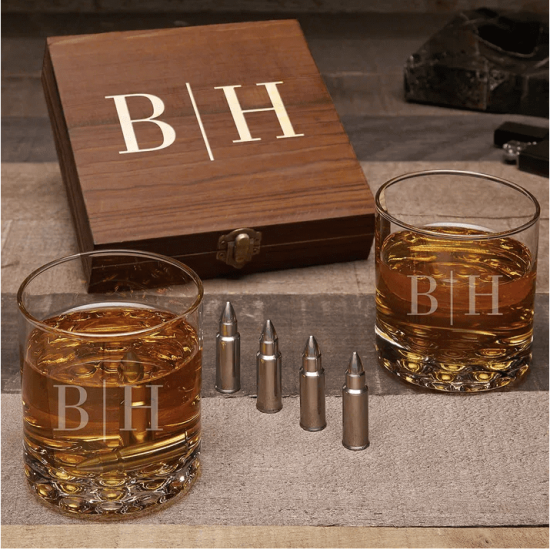 Bullet Whiskey Stone and Rocks Glass Set of Gift Ideas for Guy Friends