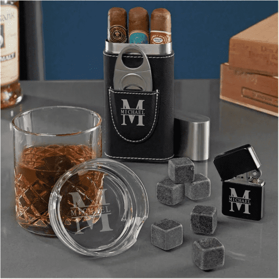 Engraved Cigar Case and Whiskey Glass