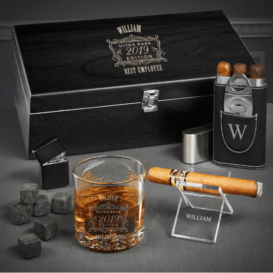 Engraved Cigar and Whiskey Box Set for Employees