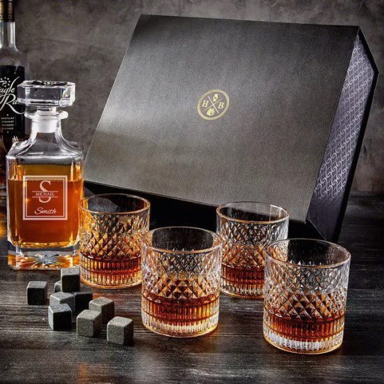 Engraved Decanter and Crystal Glassware Box Set