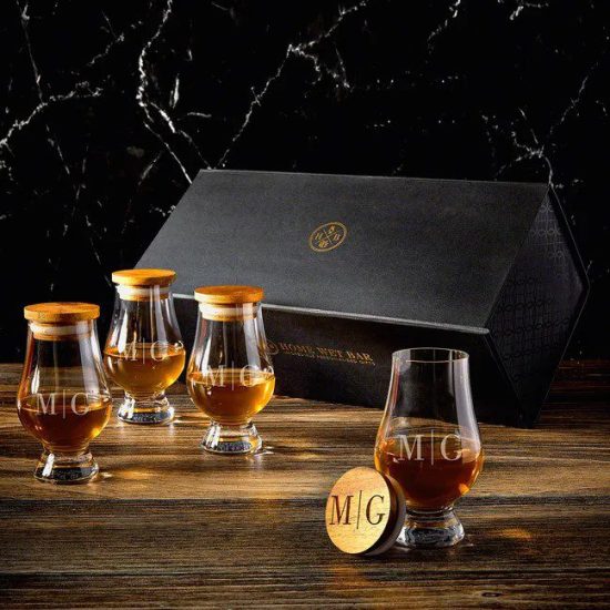 Luxury Whiskey Set of Glencairn Glasses and Toppers