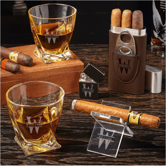 Custom whiskey twist glass and cigar gift set