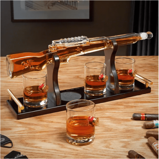 Shotgun whiskey decanter set with four bullet whiskey glasses