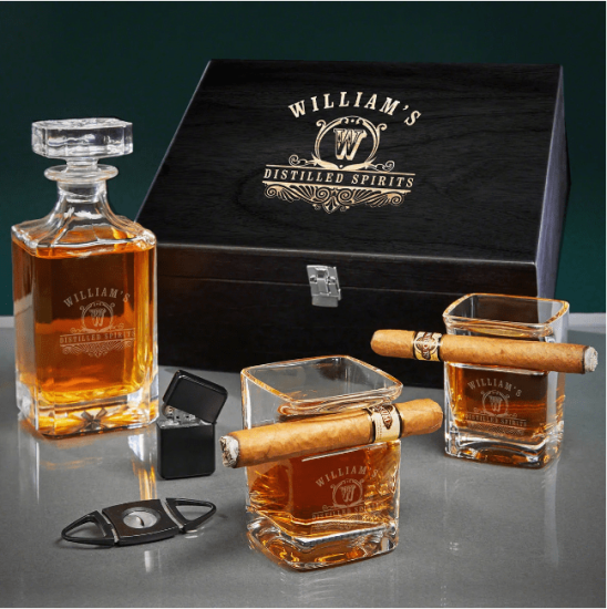 Bourbon cigar glass set with decanter and cigar accessories