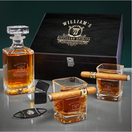 Bourbon cigar glass set with decanter and cigar accessories