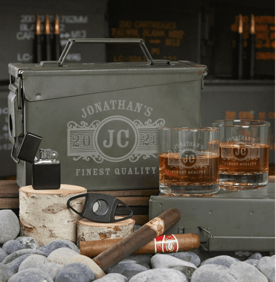 Ammo Box Set with Whiskey Glasses and Cigar Accessories