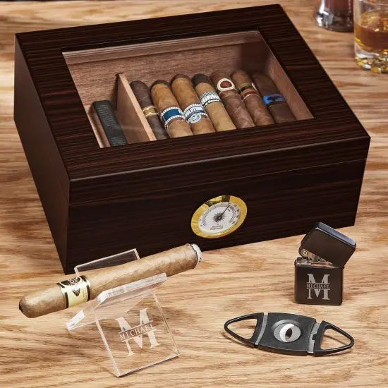 Engraved Wooden Humidor with Cigar Accessories