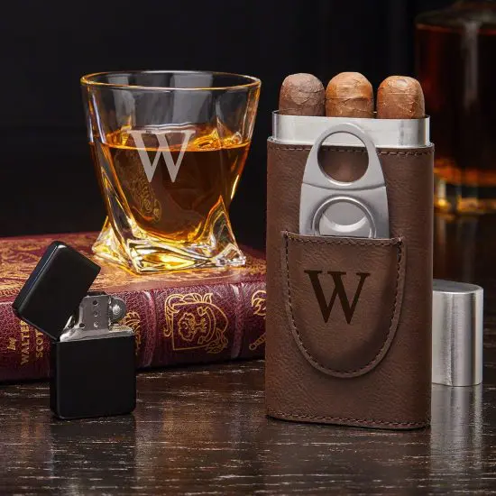 Initialed Twist Whiskey Glass and Cigar Travel Case