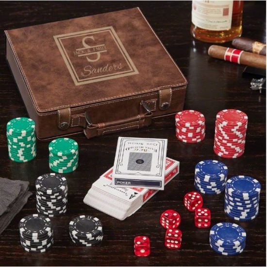 Personalized brown poker set with dice