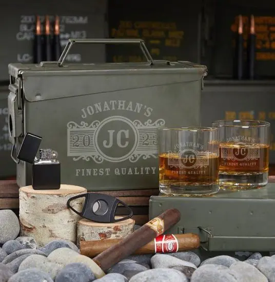 Ammo can with whiskey and cigar accessories