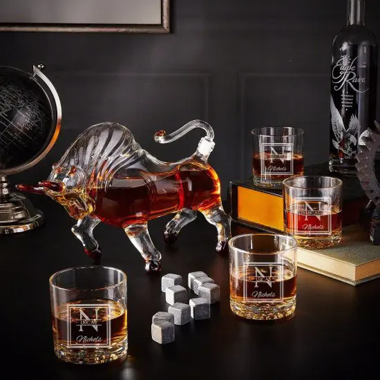 Custom El Matador bourbon decanter set with glasses and whiskey stones