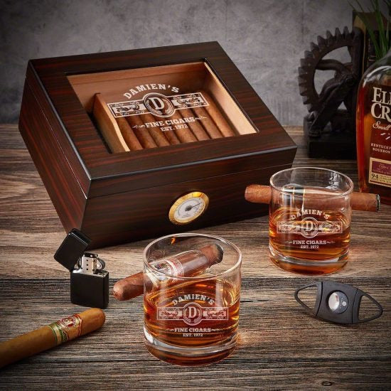 50th Birthday engraved cigar humidor and cigar holder glasses