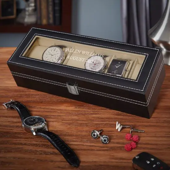 Engraved black leather anniversary gift box for watches