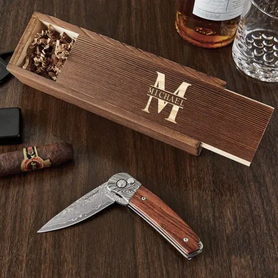 Personalized Damascus pocket knife with wood box