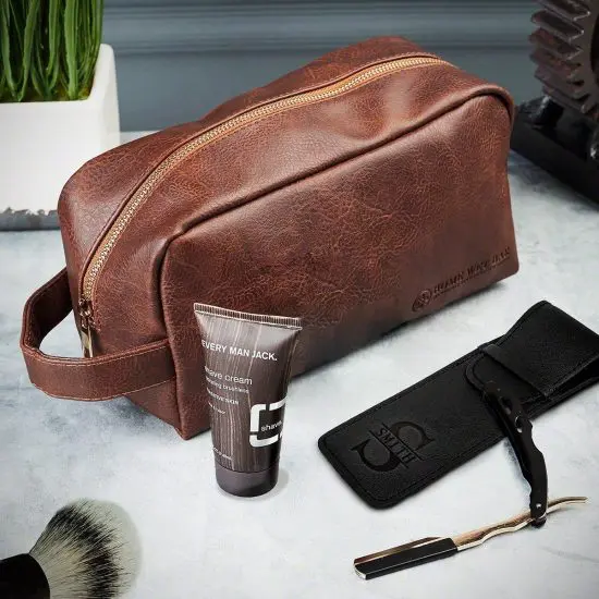 Dopp kit for best mans gift with toiletries laid out