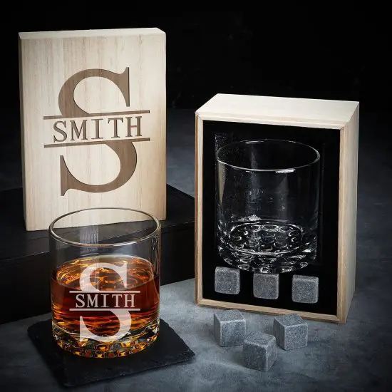 groomsmen gift box with whiskey glass and stones