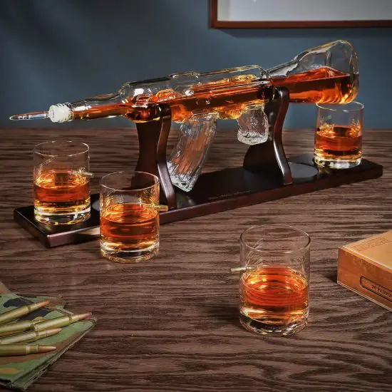AK-47 whiskey decanter set with wooden stand and bullet glasses