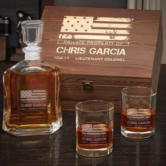 American heroes bourbon gift set with decanter and glasses