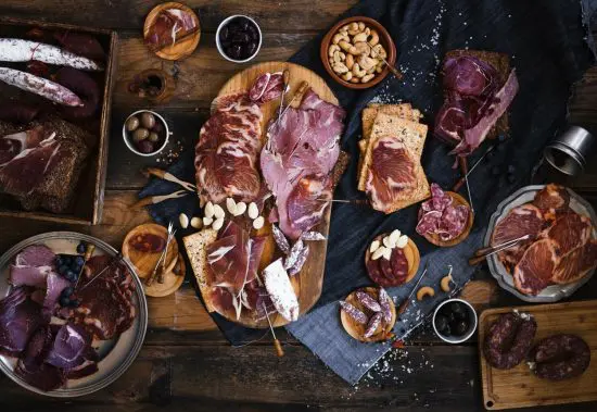 Charcuterie board with meat