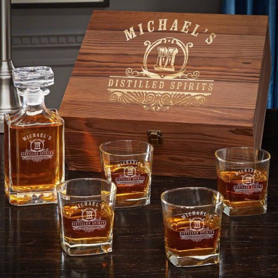 Etched bourbon decanter set with square rocks glasses