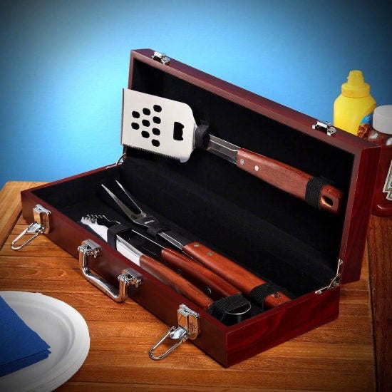 Firefighter gift grilling tools inside wood box