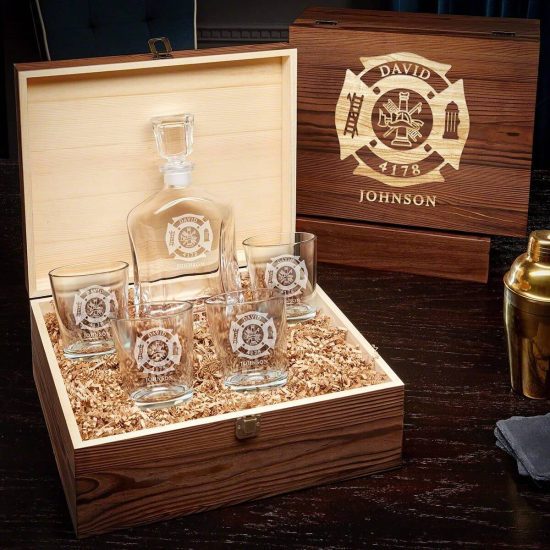 Whiskey decanter set inside custom wood box