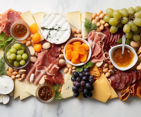 Charcuterie board with spreads and condiments