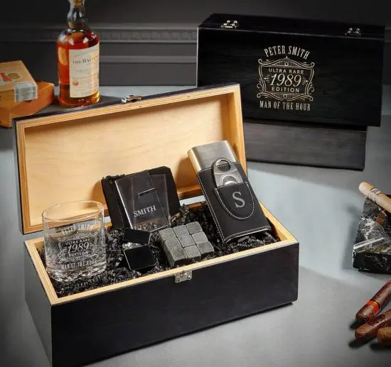 Inside of personalized whiskey and cigar box set