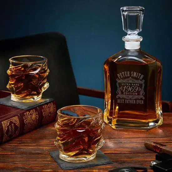 Whiskey decanter set with sculpted glasses as retirement gift for men