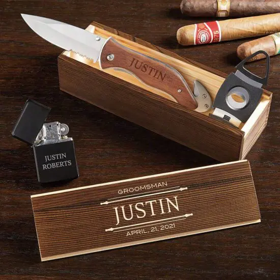 Cigar starter kit with cigar knife, cigar cutter, and lighter