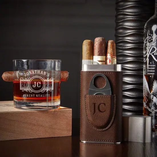 Cigar case including cigar glass and cigar cutter