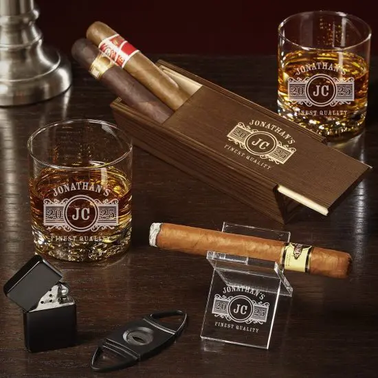 Cigar case gift set with whiskey glasses and cigar accessories