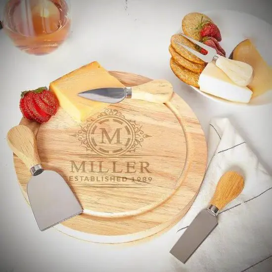Swivel cheese board for 25th wedding anniversary gifts with food on top