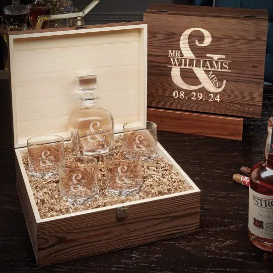 Personalized Wedding Reception Gift Whiskey Decanter Set Inside Wood Box