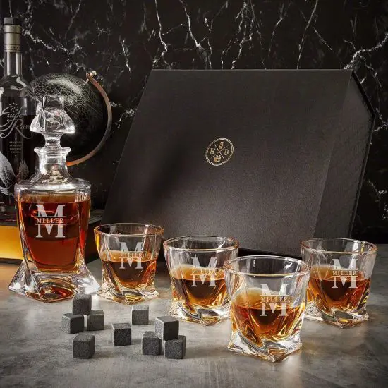 Luxury whiskey box set with whiskey decanter and rocks glasses