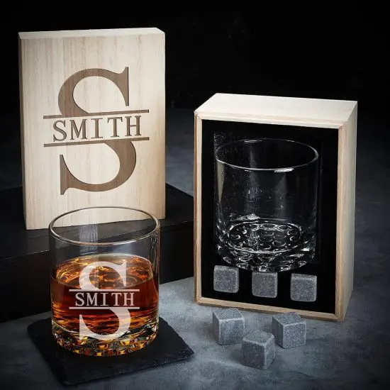 Single custom whiskey glass with case and whiskey stones