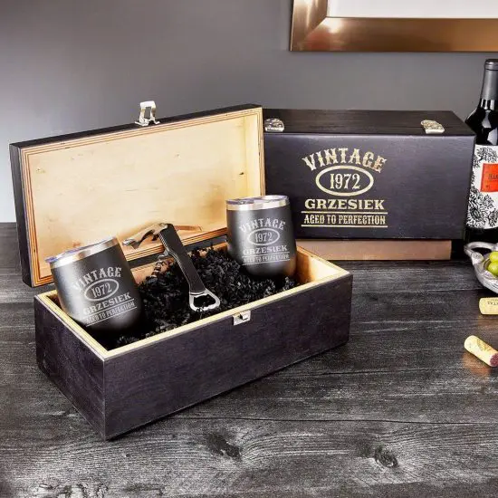 Wine tumbler box set inside premium wood black box