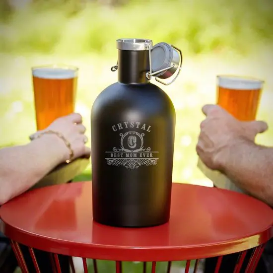 Two people holding beer pint glasses next to beer growler