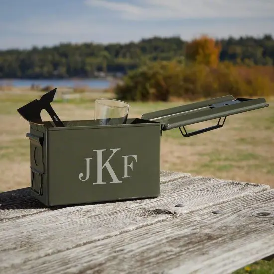 Ammo can groomsman gift set sitting out in nature