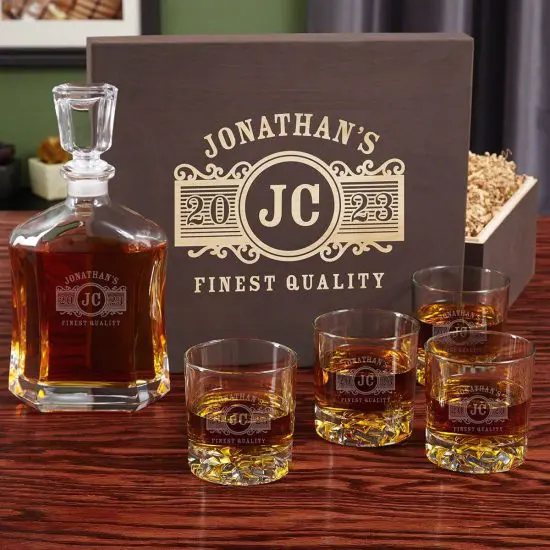 Personalized decanter set with four glacier whiskey glasses