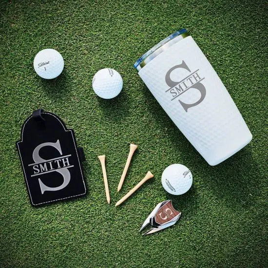 Custom golf gift set with white coffee tumbler