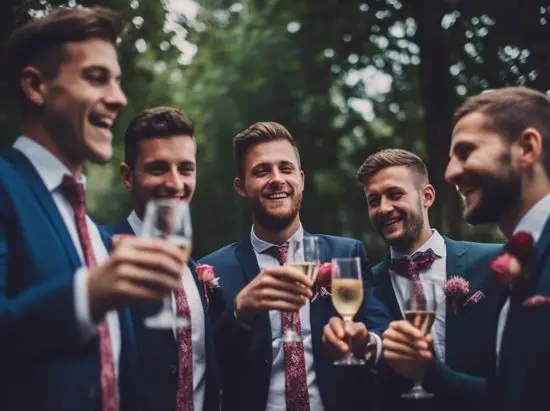 Groomsmen drinking champagne outside together