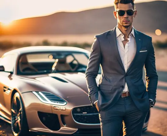 Man in suit standing in front of expensive car