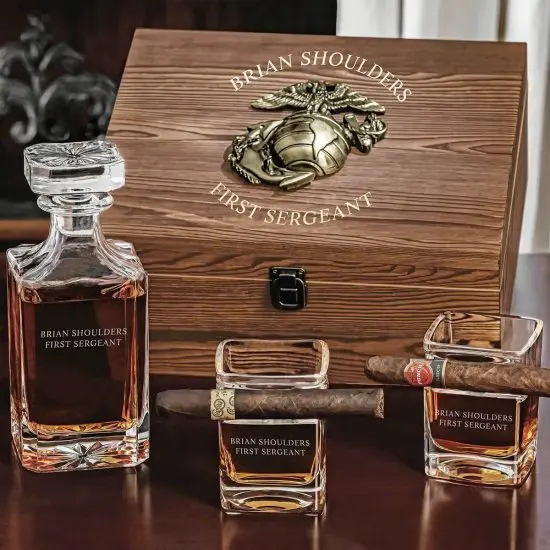 Cigar glasses and whiskey decanters for US marine retirement gift