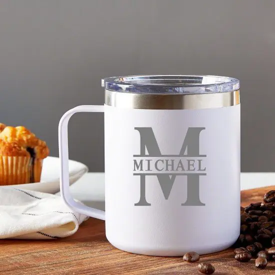 Close up of personalized white coffee travel mug
