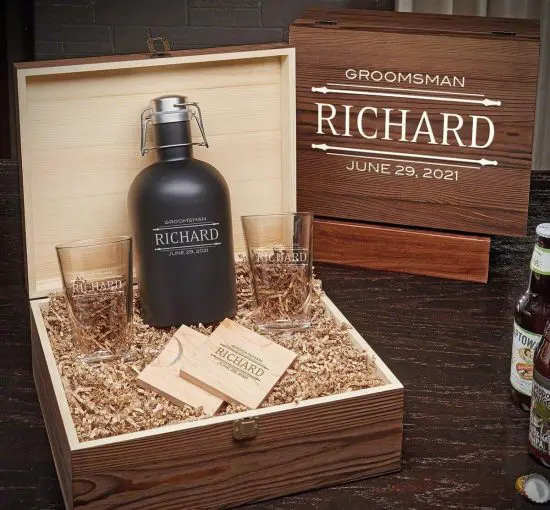 Beer growler groomsmen gift box set inside wooden box