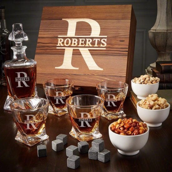 Bourbon decanter set with snacks