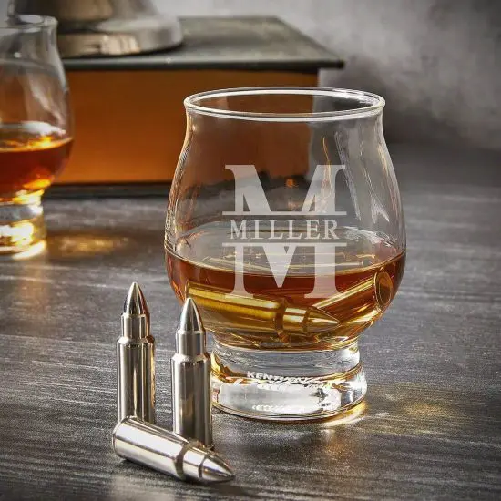 Kentucky bourbon whiskey glass with bullet stones